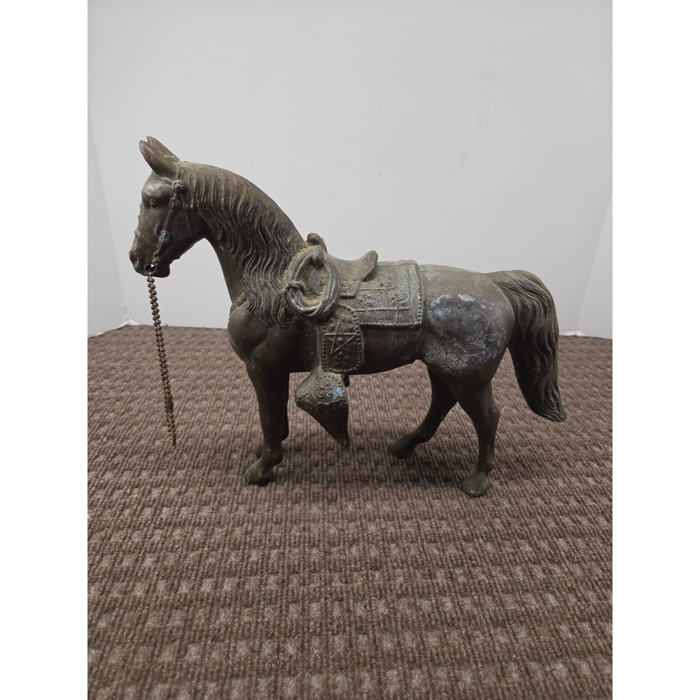 Vintage Hollow Copper Horse Figurine Western Saddle Statue Verdigris Patina 10in